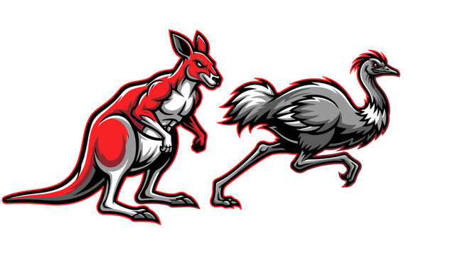Muscular Kangaroo and Fast Emu Mascot Character Set