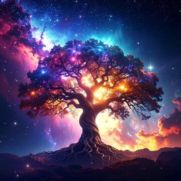 Cosmic Tree of Life in Vibrant Nebula.