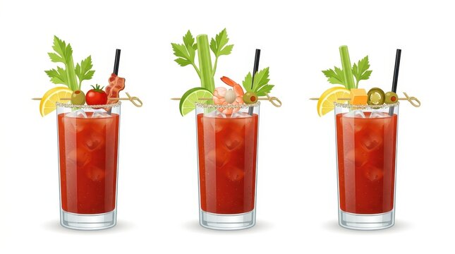 Three drinks are shown. Each drink has ice and different garnishes