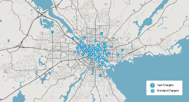 Map of electric vehicle charger locations in a city with fast and standard chargers