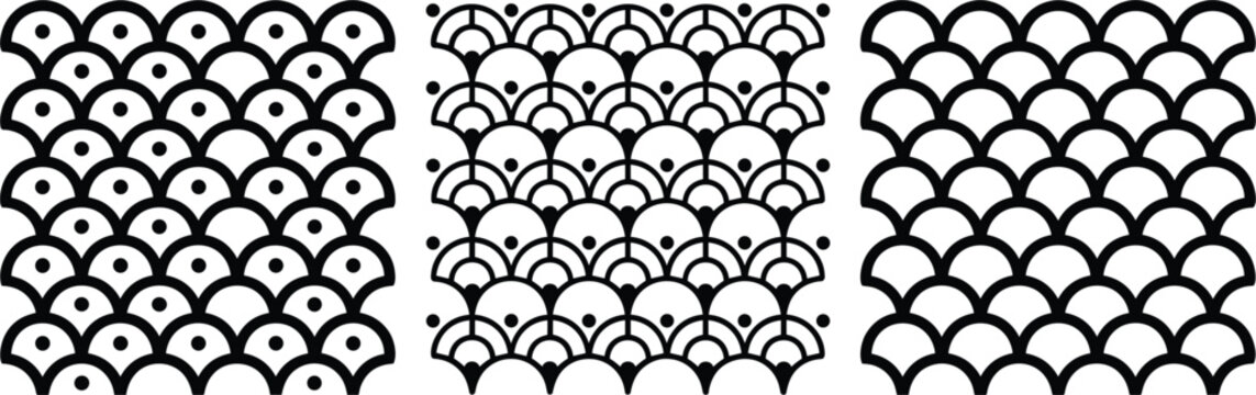 Abstract geometric seamless patterns inspired by traditional Japanese wave and scale motifs