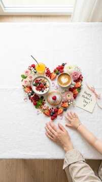 A heart shape made of treats and flowers sits on a table for Mothers Day