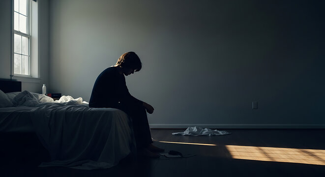 A lonely and distressed individual finds solace in quiet contemplation, navigating feelings of sadness and introspection in a dimly lit room