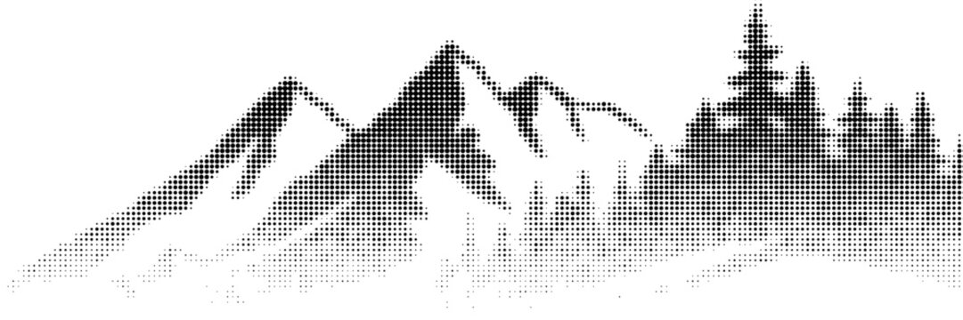 Black halftone mountain range silhouette. Grunge texture landscape terrain. Fading grainy hill chain wallpaper. Vanishing dotted noise mountain peak background. Vector scenery rock illustration