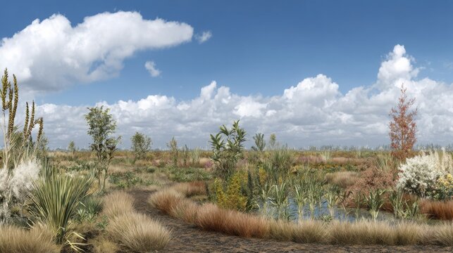 Expansive agricultural landscape featuring diverse drought-tolerant legumes and lush vegetation under a bright, cloudy sky