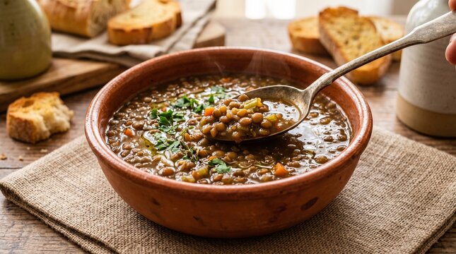Hearty lentil soup in a ceramic bowl with toasted bread slices.