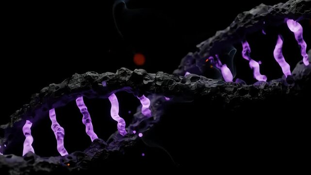 Glowing purple DNA double helix structure.