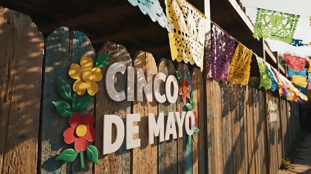 Letrero de Cinco de Mayo sobre madera r&uacute;stica con papel picado colorido, decoraci&oacute;n tradicional mexicana para fiestas y celebraciones culturales, fondo festivo vibrante.