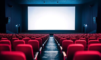 Fototapeta premium Empty Movie Theater Interior with Red Seats and Large Blank White Screen Mockup for Presentation