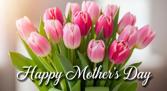 Pink and white tulips bouquet with happy mother's day greeting on soft blurred background, flowers