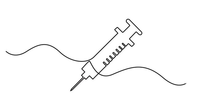 Animated self drawing of continuous line draw medical disposable syringe with needle. Applicable for vaccine injection, vaccination logo. Plastic syringe with needle. Full length single line animation