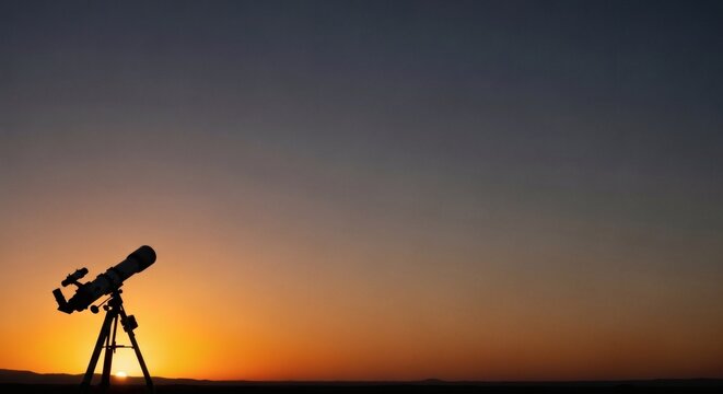 Silhouette of a telescope against a vibrant sunset sky, ready for astronomical observation perfect for Spring Astronomy Day