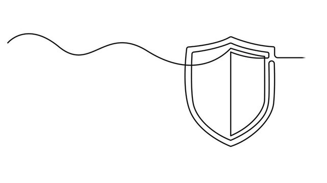 Shield animation continuous one line drawing, Video. A shield drawn in one continuous line. Protection sign concept. Animation on white background 4K, animation of a continuous lock drawing with one.
