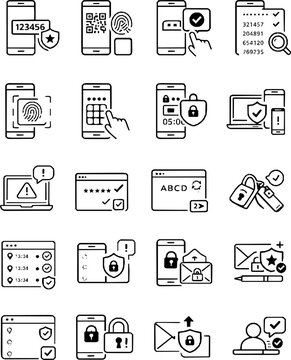 Two-Factor Authentication (2FA) Flow Icons Set &ndash; OTP, QR Login, Push Approval, Biometrics, Security Key
