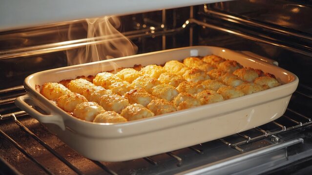 Steaming tater tot casserole baking