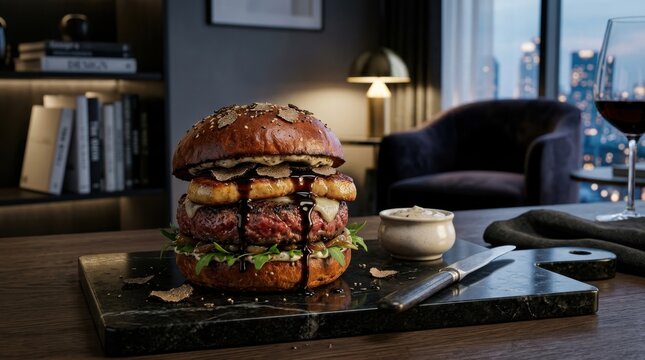 Gourmet truffle-infused burger with foie gras and savory beef patty, artfully presented in a luxurious dining setting.