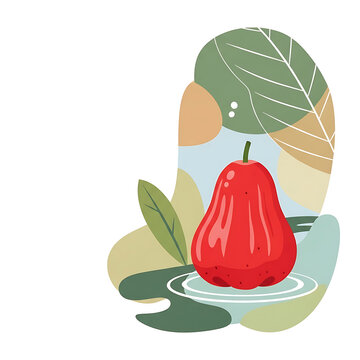 A stylized red water apple positioned over a water ripple effect, surrounded by earthy green and beige abstract shapes and delicate leaf patterns