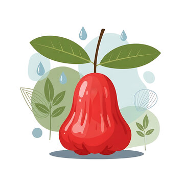 A vibrant illustration of a red water apple with two large green leaves, accented by stylized blue water droplets and a botanical abstract background