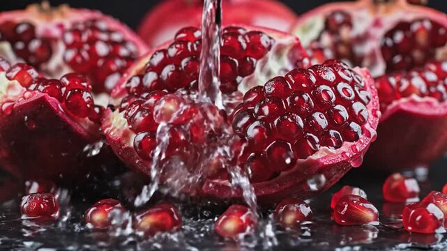 Close up of rich red pomegranates with jewel-like seeds being rinsed under a stream of water