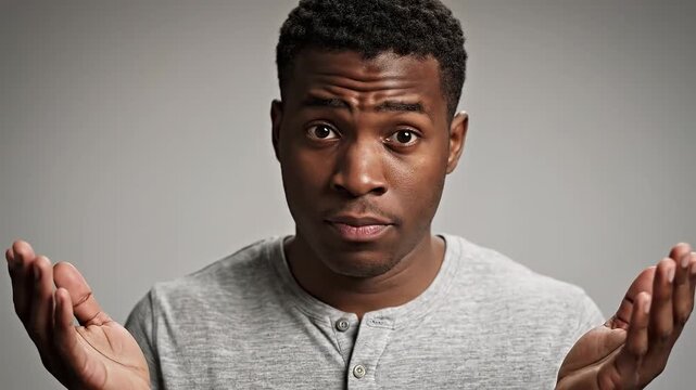 A confused young Black man with hands raised, questioning with raised eyebrows and a slight frown on his face, depicting uncertainty and bewilderment in a studio setting