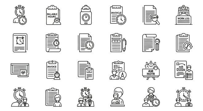 Set of icons representing documentation, contracts, and project management tasks, with emphasis on deadlines and approvals