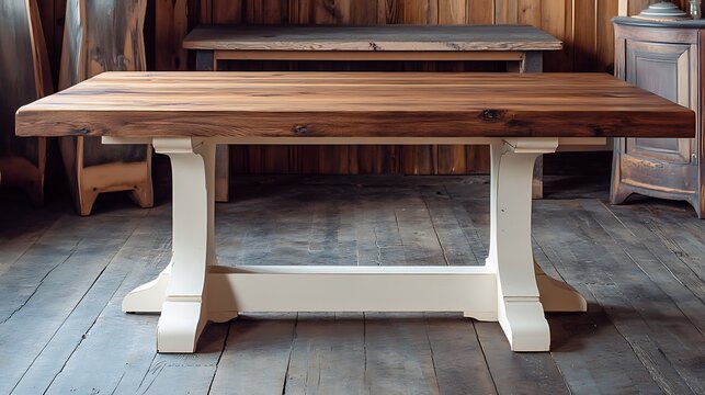 A farmhouse trestle table with a thick wooden top and painted base 