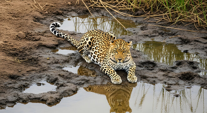 Leopard Lying in Muddy Water with Reflection