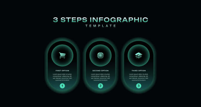 Dark neon circular infographic 3 step business chart with icons, modern vector for analytics, presentation, banner design, instructional workflow, green minimal style