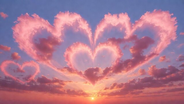 Pink clouds form perfect hearts against a twilight sky