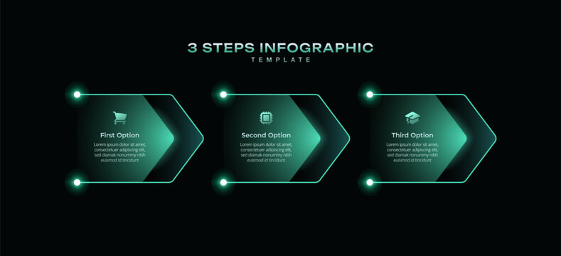 Dark tech neon arrow infographic 3 step horizontal timeline for progressive business development, modern minimal vector template for workflow, process diagram, presentation design