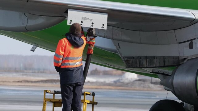 Airplane fueling. Airport technician man refueling aircraft. Terminal airline maintenance crew aviation kerosene fuel. Preparing for departure