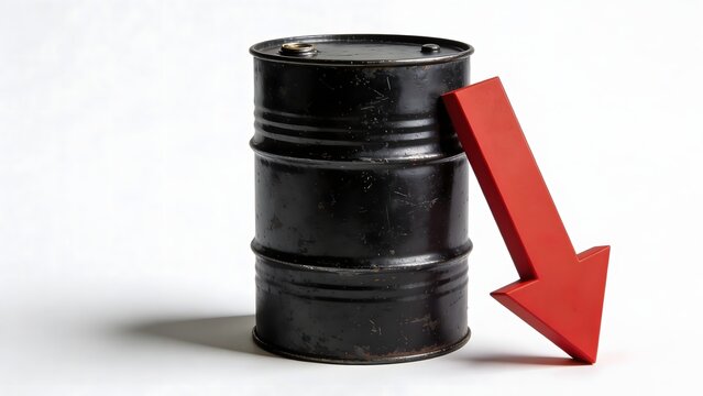 Oil barrel with red downward arrow isolated on white background representing falling oil prices and energy market decline.