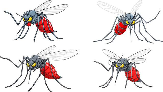 Angry mosquito cartoon character set, aggressive blood sucking insect vector collection, 4 pest control mascot illustrations with red abdomens