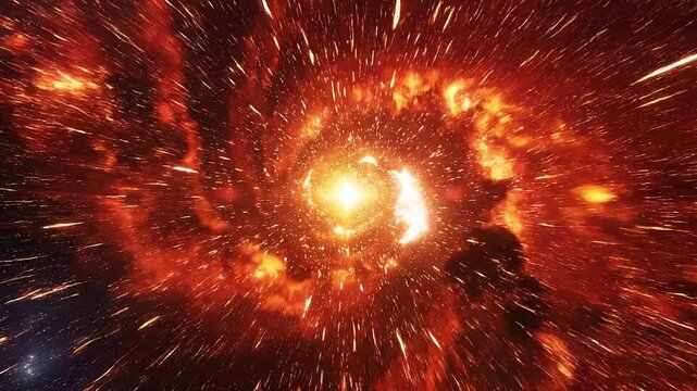 Mesmerizing abstract tunnel of radiant cosmic energy and streaking light, a vibrant vortex depicting hyper-speed travel or an intense warp through a powerful, fiery dimension