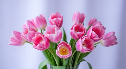 Obraz premium Close-up of fresh pink tulips with white edges in a clear glass vase, soft background, flowers petals