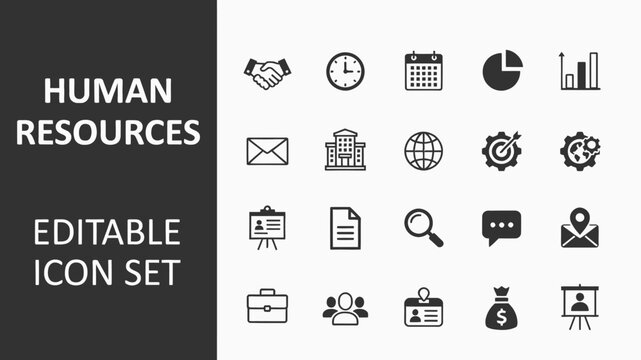 A comprehensive set of human resources solid icons is displayed on a grey background.
