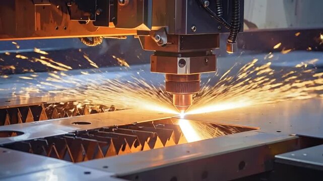 Industrial laser cutting machine in action, precision lwork with sparks and bright light.