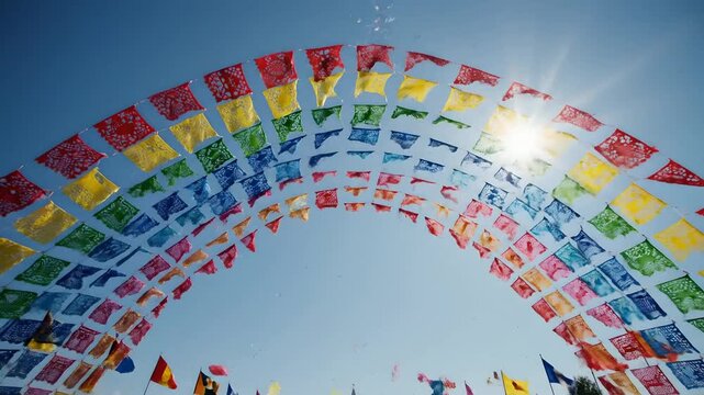Multitud celebra bajo papel picado colorido y confeti en festival mexicano de Cinco de Mayo, evento cultural vibrante bajo sol radiante para publicidad de fiestas y turismo.