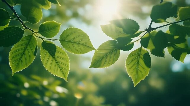 Sunlight filtering through lush green leaves, casting a warm glow on a vibrant natural scene, evoking feelings of peace and tranquility in nature's embrace
