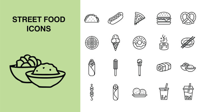 Diverse collection of street food vector line icons showcasing popular snacks and quick meal illustrations.