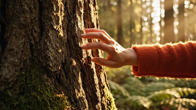 Person's hand gently touching tree bark in sunlit forest