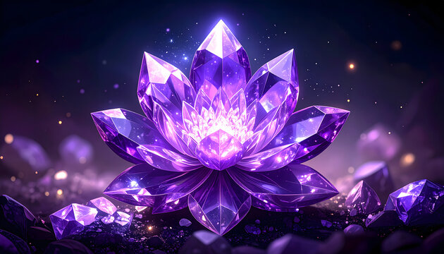 Graphic illustration of a flower where the petals are translucent amethyst crystals with sharp geometric facets and purple generative AI