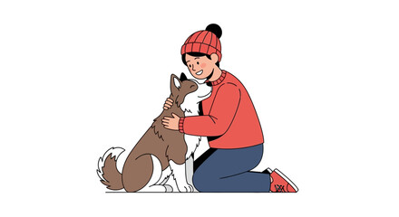 A young girl hugging her cute husky dog in winter clothes. © Ghushun_Ni'amillah