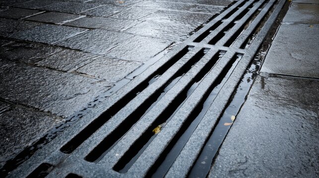 Parallel Industrial Drainage Grates on Wet Urban Pavement