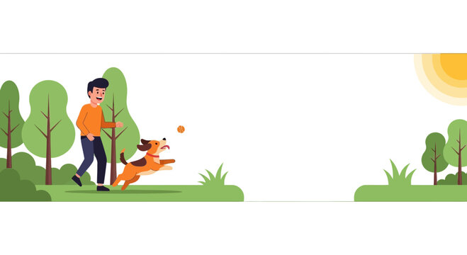 A young man playing fetch with his energetic pet dog in the park.