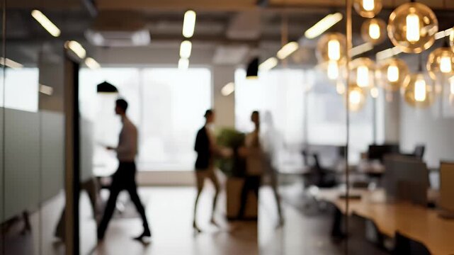 A blurred view inside a modern office space showcases a bright, open layout with warm lighting and minimalist decor, suggesting a collaborative and contemporary work environment.