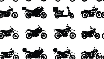 Obraz premium Vector Seamless Pattern Of Motorcycle Silhouettes Featuring Sport Bikes Cruisers And Delivery Scooters For Automotive Branding Racing Wallpaper And Transportation Graphic Design Backdrops