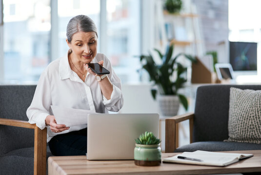 Phone call, speaker or woman in office with paper, draft review or source contact for article. Loudspeaker document or mature journalist with tech, fact check or information gathering on news story