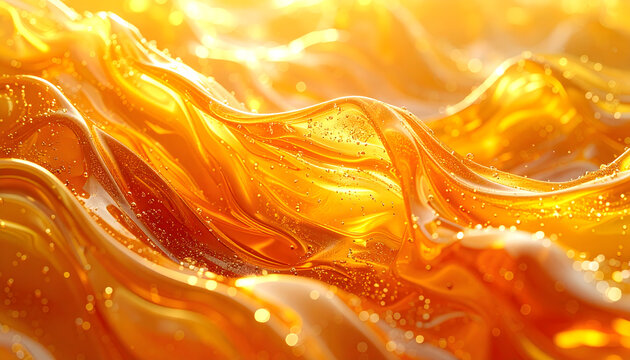 Graphic abstract illustration of flowing honey with stylized golden waves glowing amber highlights and soft viscous digital textures for backgrounds generative AI