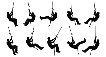 Silhouettes of people swinging on ropes depicting playful movement and recreation © Mama